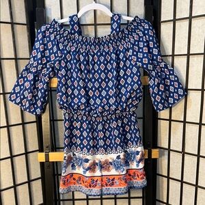 🦋My Michelle Blue and White Ruffled Off-the-Shoulder Romper 5/25$